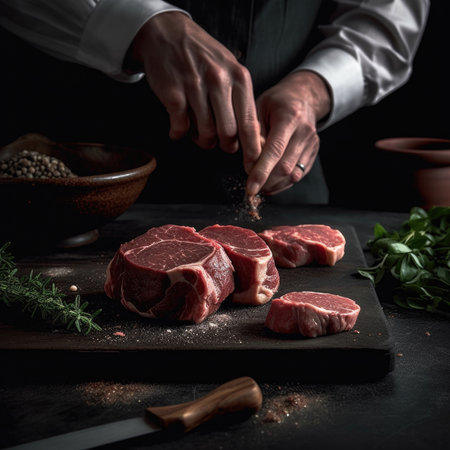 A close-up image of fresh pork steaks arranged on a slate board against a black background. The meat appears juicy and raw, with visible marbling and rich colors, Ai Genneratedの素材