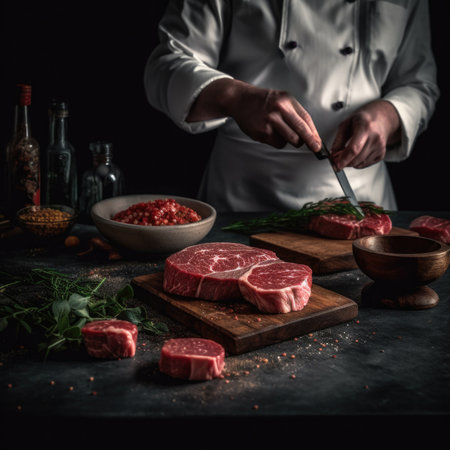 A close-up image of fresh pork steaks arranged on a slate board against a black background. The meat appears juicy and raw, with visible marbling and rich colors, Ai Genneratedの素材