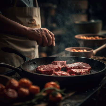 A close-up image of fresh pork steaks arranged on a slate board against a black background. The meat appears juicy and raw, with visible marbling and rich colors, Ai Genneratedの素材