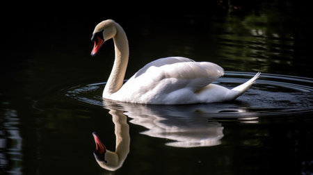 This stunning image captures the beauty and grace of a white swan as it glides across a calm body of water. The reflection of the swan creates a symmetrical and serene scene. Perfect for wall decor or as a calming background for any project, Ai Genneratedの素材