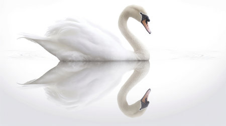 This stunning image captures the beauty and grace of a white swan as it glides across a calm body of water. The reflection of the swan creates a symmetrical and serene scene. Perfect for wall decor or as a calming background for any project, Ai Genneratedの素材