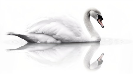 This stunning image captures the beauty and grace of a white swan as it glides across a calm body of water. The reflection of the swan creates a symmetrical and serene scene. Perfect for wall decor or as a calming background for any project, Ai Genneratedの素材