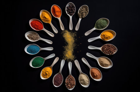 This image features a collection of different spices in metal spoons, including paprika, turmeric, cardamom, and a mixture of allspice, thyme, and rosemary. The spices are arranged in a visually pleasing way against a neutral background, making them stand out. This image is perfect for food bloggers, chefs, and anyone looking to add a touch of flavor to their design, Ai Genneratedの素材