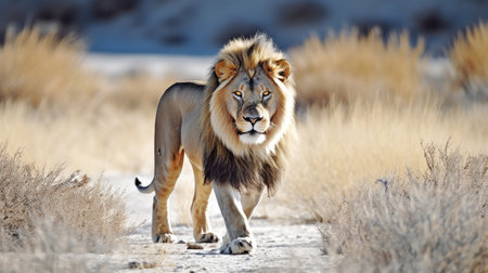This image captures the essence of the African lion in its natural habitat - the lush green forest. The lion's mane is thick and full, and its gaze is steady and unwavering. Its powerful physique is evident as it stands tall and strong. The image conveys a sense of strength, majesty, and awe-inspiring beauty. The viewer can almost feel the lion's presence and hear its roar. The African lion is truly the king of the jungle, and this image captures its essence perfectly, Ai Genneratedの素材