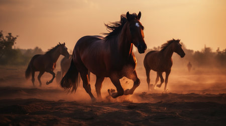 This beautiful photograph captures a group of horses running wild in a natural setting. With their manes and tails flying in the wind, these majestic creatures exude power and freedom. The colors of the landscape and sky provide a stunning backdrop to the action-packed scene. Perfect for any horse lover or nature enthusiast, Ai Genneratedの素材