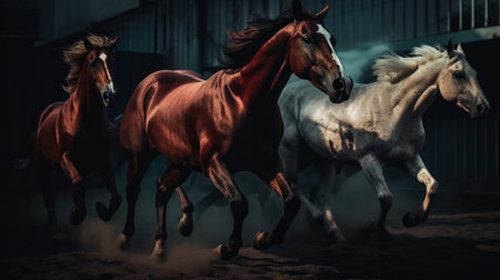This beautiful photograph captures a group of horses running wild in a natural setting. With their manes and tails flying in the wind, these majestic creatures exude power and freedom. The colors of the landscape and sky provide a stunning backdrop to the action-packed scene. Perfect for any horse lover or nature enthusiast, Ai Genneratedの素材