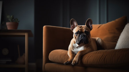 This adorable French Bulldog is right at home in this cozy living room. With a plush sofa and soft lighting, this pup is living its best life. The room is tastefully decorated with modern accents, giving it a stylish yet comfortable feel. The French Bulldog is captured in a playful moment, adding a touch of whimsy to the scene.French Bulldog, living room, cozy, comfortable, modern, stylish, playful, pet, dog, sofa, home, domestic, interior design, decoration, cute, adorable, furry, animal, relaxation, Ai Genneratedの素材