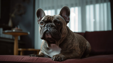 This adorable French Bulldog is right at home in this cozy living room. With a plush sofa and soft lighting, this pup is living its best life. The room is tastefully decorated with modern accents, giving it a stylish yet comfortable feel. The French Bulldog is captured in a playful moment, adding a touch of whimsy to the scene.French Bulldog, living room, cozy, comfortable, modern, stylish, playful, pet, dog, sofa, home, domestic, interior design, decoration, cute, adorable, furry, animal, relaxation, Ai Genneratedの素材