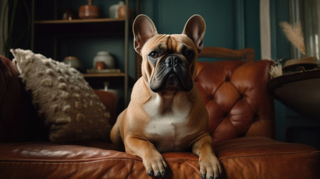 This adorable French Bulldog is right at home in this cozy living room. With a plush sofa and soft lighting, this pup is living its best life. The room is tastefully decorated with modern accents, giving it a stylish yet comfortable feel. The French Bulldog is captured in a playful moment, adding a touch of whimsy to the scene.French Bulldog, living room, cozy, comfortable, modern, stylish, playful, pet, dog, sofa, home, domestic, interior design, decoration, cute, adorable, furry, animal, relaxation, Ai Genneratedの素材