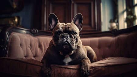 This adorable French Bulldog is right at home in this cozy living room. With a plush sofa and soft lighting, this pup is living its best life. The room is tastefully decorated with modern accents, giving it a stylish yet comfortable feel. The French Bulldog is captured in a playful moment, adding a touch of whimsy to the scene.French Bulldog, living room, cozy, comfortable, modern, stylish, playful, pet, dog, sofa, home, domestic, interior design, decoration, cute, adorable, furry, animal, relaxation, Ai Genneratedの素材