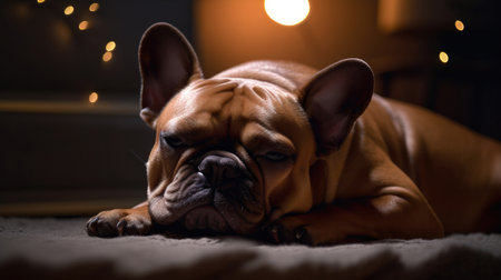This adorable French Bulldog is right at home in this cozy living room. With a plush sofa and soft lighting, this pup is living its best life. The room is tastefully decorated with modern accents, giving it a stylish yet comfortable feel. The French Bulldog is captured in a playful moment, adding a touch of whimsy to the scene.French Bulldog, living room, cozy, comfortable, modern, stylish, playful, pet, dog, sofa, home, domestic, interior design, decoration, cute, adorable, furry, animal, relaxation, Ai Genneratedの素材