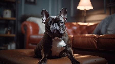 This adorable French Bulldog is right at home in this cozy living room. With a plush sofa and soft lighting, this pup is living its best life. The room is tastefully decorated with modern accents, giving it a stylish yet comfortable feel. The French Bulldog is captured in a playful moment, adding a touch of whimsy to the scene.French Bulldog, living room, cozy, comfortable, modern, stylish, playful, pet, dog, sofa, home, domestic, interior design, decoration, cute, adorable, furry, animal, relaxation, Ai Genneratedの素材