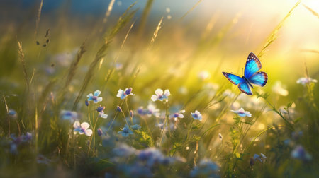 This stunning photograph captures the beauty of a summer meadow with forget-me-nots in full bloom and two butterflies flying above. The soft blue flowers and fluttering wings create a peaceful and serene atmosphere.の素材