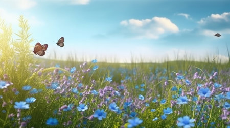 This stunning photograph captures the beauty of a summer meadow with forget-me-nots in full bloom and two butterflies flying above. The soft blue flowers and fluttering wings create a peaceful and serene atmosphere.の素材