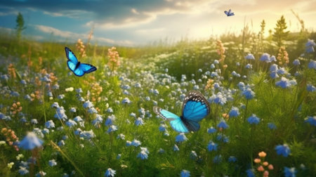 This stunning photograph captures the beauty of a summer meadow with forget-me-nots in full bloom and two butterflies flying above. The soft blue flowers and fluttering wings create a peaceful and serene atmosphere.の素材