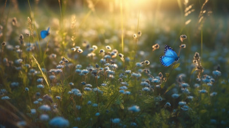 This stunning photograph captures the beauty of a summer meadow with forget-me-nots in full bloom and two butterflies flying above. The soft blue flowers and fluttering wings create a peaceful and serene atmosphere.の素材