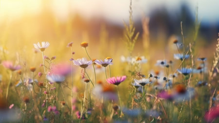 A beautiful image of wild flowers blooming in the summer season, set against a natural background. The vibrant colors and intricate details of the flowers are sure to brighten up any room or design projectの素材