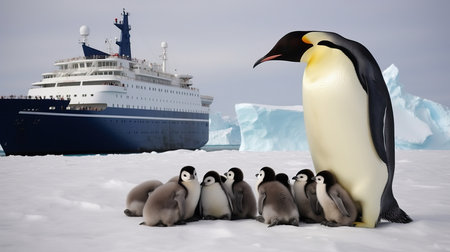 A family of Emperor Penguins, including adults and chicks, standing on a snowy Antarctic landscape with mountains in the background. The scene is serene and peaceful, with the penguins huddled together to keep warm in the cold climate.の素材
