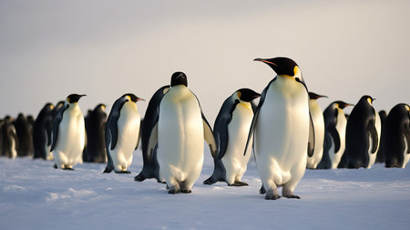 A family of Emperor Penguins, including adults and chicks, standing on a snowy Antarctic landscape with mountains in the background. The scene is serene and peaceful, with the penguins huddled together to keep warm in the cold climate.の素材