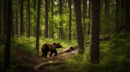 This is a high-resolution photo of a brown bear (Ursus arctos) in a forest environment. The brown bear is a large species, typically growing up to 2.8 meters in length and weighing up to 680 kg. It has thick fur that can range in color from light brown to dark brown. In this photo, the bear is walking through a beautiful forest setting, with trees and foliage surrounding it. This photo is perfect for nature magazines, travel guides, and presentations on wildlife. Keywords: brown bear, forest, animal, wildlife, nature, predator, carnivorous, fur, powerful, majestic, North America, Alaska, wilderness, big, mammal, outdoors, Ursus arctos, omnivore, natural.の素材