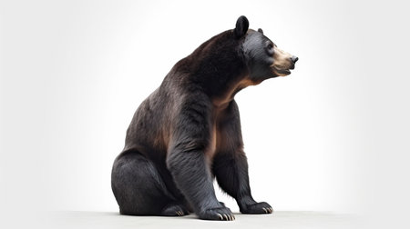 This is a high-resolution photo of a brown bear (Ursus arctos) sitting on a white background. The brown bear is a large species, typically growing up to 2.8 meters in length and weighing up to 680 kg. It has thick fur that can range in color from light brown to dark brown. This photo is perfect for educational materials, nature documentaries, and presentations on wildlife. Keywords: brown bear, sitting, white background, animal, wildlife, nature, predator, carnivorous, fur, powerful, majestic, North America, Alaska, wilderness, big, mammal, outdoors, Ursus arctos.の素材