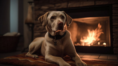 These adorable baby Labrador Retrievers are sitting together in front of a warm, crackling fireplace. Their soft fur is illuminated by the dancing flames, creating a cozy and inviting atmosphere. The perfect addition to any home or office decor, Ai Genneratedの素材