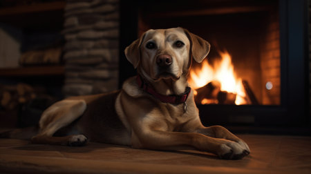 These adorable baby Labrador Retrievers are sitting together in front of a warm, crackling fireplace. Their soft fur is illuminated by the dancing flames, creating a cozy and inviting atmosphere. The perfect addition to any home or office decor, Ai Genneratedの素材