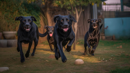 This image features a joyful Labrador Retriever playing outdoors, with a big smile on its face. The dog is running, jumping, and having a great time. The background is natural and green, with trees and grass visible. The photo captures the pure happiness and energy of the Labrador breed, Ai Genneratedの素材