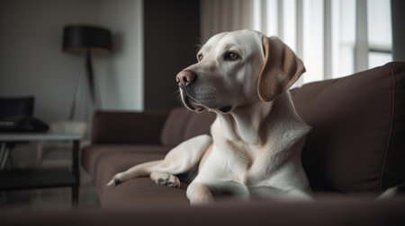 his adorable Labrador Retriever is sitting comfortably on a couch in a cozy living room. The dog looks content and happy, with its tongue slightly out and tail wagging. The room is well-lit and decorated with stylish furniture, creating a warm and inviting atmosphere, Ai Genneratedの素材