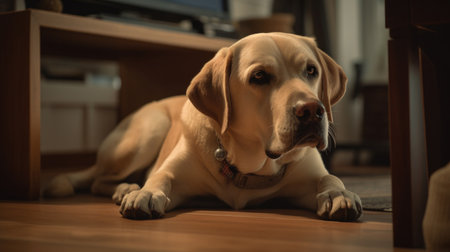 his adorable Labrador Retriever is sitting comfortably on a couch in a cozy living room. The dog looks content and happy, with its tongue slightly out and tail wagging. The room is well-lit and decorated with stylish furniture, creating a warm and inviting atmosphere, Ai Genneratedの素材