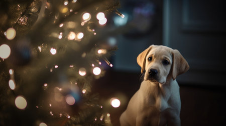 his adorable Labrador Retriever is sitting comfortably on a couch in a cozy living room. The dog looks content and happy, with its tongue slightly out and tail wagging. The room is well-lit and decorated with stylish furniture, creating a warm and inviting atmosphere, Ai Genneratedの素材