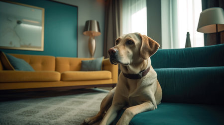 his adorable Labrador Retriever is sitting comfortably on a couch in a cozy living room. The dog looks content and happy, with its tongue slightly out and tail wagging. The room is well-lit and decorated with stylish furniture, creating a warm and inviting atmosphere, Ai Genneratedの素材