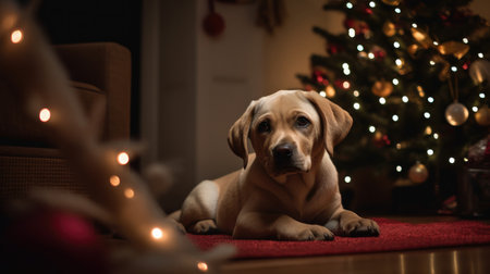 his adorable Labrador Retriever is sitting comfortably on a couch in a cozy living room. The dog looks content and happy, with its tongue slightly out and tail wagging. The room is well-lit and decorated with stylish furniture, creating a warm and inviting atmosphere, Ai Genneratedの素材