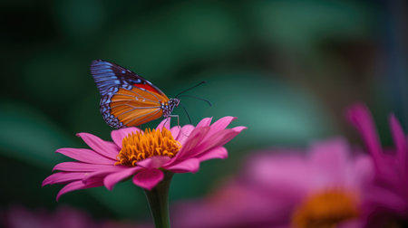 A beautiful butterfly rests on a vibrant flower, captured in a stunning moment in nature. The intricate details of the butterfly's wings and the delicate petals of the flower create a mesmerizing scene. Perfect for nature lovers and those who appreciate the beauty of the natural world , Ai Genneratedの素材