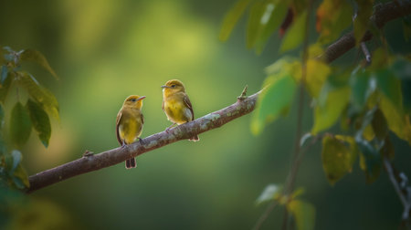 This photograph captures a couple of tiny birds perched on a tree branch. The soft, blurred background creates a dreamy effect, emphasizing the delicate beauty of the birds, Ai Genneratedの素材