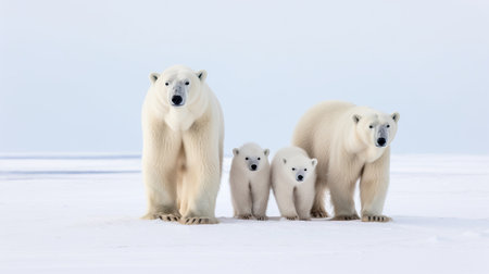 This is a high-resolution photo of a family of polar bears (Ursus maritimus) standing on snow. The polar bear is a large species, typically growing up to 3 meters in length and weighing up to 680 kg. It has thick fur that appears white or yellowish, which helps to camouflage it in its snowy environment. In this photo, a mother polar bear and her two cubs are standing on the snow, looking out into the distance. This photo is perfect for nature magazines, travel guides, and presentations on wildlife. Keywords: polar bear, family, snow, animal, wildlife, nature, predator, fur, powerful, majestic, Arctic, North Pole, ice, Ursus maritimus, outdoorsの素材