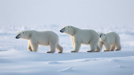 This is a high-resolution photo of a family of polar bears (Ursus maritimus) standing on snow. The polar bear is a large species, typically growing up to 3 meters in length and weighing up to 680 kg. It has thick fur that appears white or yellowish, which helps to camouflage it in its snowy environment. In this photo, a mother polar bear and her two cubs are standing on the snow, looking out into the distance. This photo is perfect for nature magazines, travel guides, and presentations on wildlife. Keywords: polar bear, family, snow, animal, wildlife, nature, predator, fur, powerful, majestic, Arctic, North Pole, ice, Ursus maritimus, outdoorsの素材