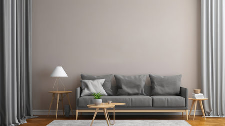 This is a high-resolution photo of a modern living room with a grey sofa and wooden coffee table. The interior design of the room is sleek and minimalist, with clean lines and a neutral color scheme. The walls are painted a light grey, which contrasts nicely with the darker grey of the sofa. The wooden coffee table adds warmth and texture to the space, while the decorative accents on the shelves add a pop of color. This photo is perfect for interior design magazines, furniture catalogs, and presentations on home decor. Keywords: modern, living room, grey sofa, wooden coffee table, interior design, furniture, clean lines, neutral colors, minimalist, decor, shelves, accents, home, comfort, lifestyle, relaxation, spacious, natural lighting, cozyの素材