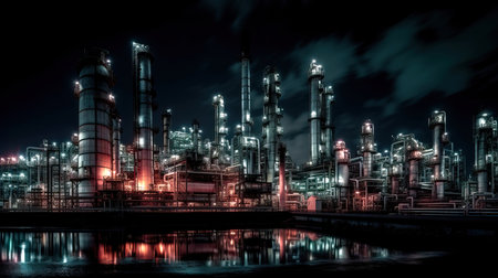 This is a high-resolution photo of an oil refinery factory at twilight. The petrochemical plant is a symbol of the petroleum and chemical industry, with towering structures and large pipes crisscrossing the complex. The dramatic lighting of the sunset creates a moody atmosphere, with the sky casting an orange glow over the factory. The image captures the scale of the industry and the impressive technology used to extract and refine petroleum products. This photo is perfect for magazines, articles, and presentations on the petrochemical industry and the manufacturing of petroleum products. Keywords: oil refinery, factory, twilight, petrochemical plant, petroleum, chemical industry, towering structures, pipes, dramatic lighting, sunset, moody atmosphere, orange glow, scale, technology, extract, refine, petroleum products, manufacturing.の素材