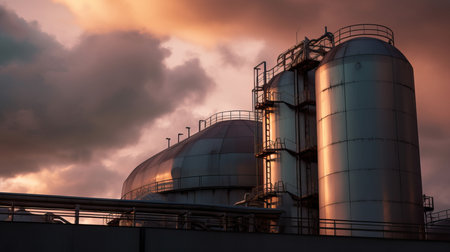 This is a high-resolution photo of the oil refinery industry with the sun behind the clouds. The image captures the scale of the industry with towering structures, pipes, and large tanks. The dramatic sunset in the background creates a moody and atmospheric effect, with the sun peeking out from behind the clouds. The photo captures the energy and intensity of the oil refinery industry, which plays a crucial role in the world's economy. This photo is perfect for magazines, articles, and presentations on the oil and gas industry and energy production. Keywords: oil refinery, industry, sunset, sun behind clouds, scale, towering structures, pipes, large tanks, dramatic, moody, atmospheric, energy, intensity, economy, oil and gas, energy production, petroleum, manufacturing.の素材