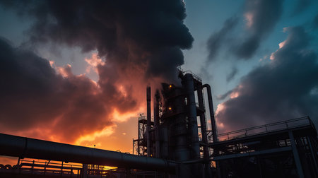 This is a high-resolution photo of the oil refinery industry with the sun behind the clouds. The image captures the scale of the industry with towering structures, pipes, and large tanks. The dramatic sunset in the background creates a moody and atmospheric effect, with the sun peeking out from behind the clouds. The photo captures the energy and intensity of the oil refinery industry, which plays a crucial role in the world's economy. This photo is perfect for magazines, articles, and presentations on the oil and gas industry and energy production. Keywords: oil refinery, industry, sunset, sun behind clouds, scale, towering structures, pipes, large tanks, dramatic, moody, atmospheric, energy, intensity, economy, oil and gas, energy production, petroleum, manufacturing.の素材