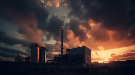 This is a high-resolution photo of the oil refinery industry with the sun behind the clouds. The image captures the scale of the industry with towering structures, pipes, and large tanks. The dramatic sunset in the background creates a moody and atmospheric effect, with the sun peeking out from behind the clouds. The photo captures the energy and intensity of the oil refinery industry, which plays a crucial role in the world's economy. This photo is perfect for magazines, articles, and presentations on the oil and gas industry and energy production. Keywords: oil refinery, industry, sunset, sun behind clouds, scale, towering structures, pipes, large tanks, dramatic, moody, atmospheric, energy, intensity, economy, oil and gas, energy production, petroleum, manufacturing.の素材