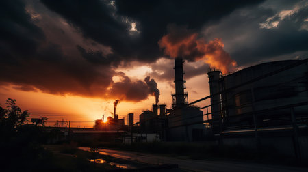 This is a high-resolution photo of the oil refinery industry with the sun behind the clouds. The image captures the scale of the industry with towering structures, pipes, and large tanks. The dramatic sunset in the background creates a moody and atmospheric effect, with the sun peeking out from behind the clouds. The photo captures the energy and intensity of the oil refinery industry, which plays a crucial role in the world's economy. This photo is perfect for magazines, articles, and presentations on the oil and gas industry and energy production. Keywords: oil refinery, industry, sunset, sun behind clouds, scale, towering structures, pipes, large tanks, dramatic, moody, atmospheric, energy, intensity, economy, oil and gas, energy production, petroleum, manufacturing.の素材
