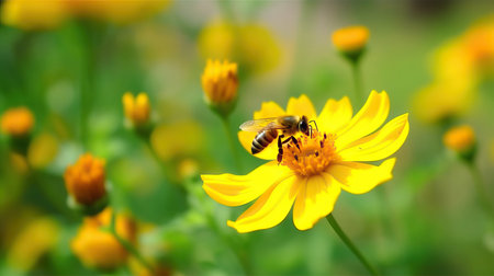 Beautiful honey bee sitting on a vibrant yellow flower in a wild nature landscape. Perfect for spring and summer designs, banners, and celebrating the beauty of nature.の素材