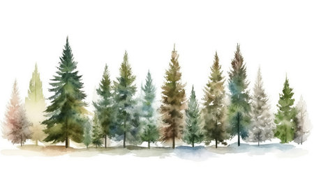 Beautiful watercolor illustration of a coniferous forest with Christmas fir trees. This winter nature scene is perfect for holiday backgrounds and can be used for various designs. Isolated on white backgroundの素材