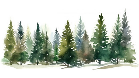 Beautiful watercolor illustration of a coniferous forest with Christmas fir trees. This winter nature scene is perfect for holiday backgrounds and can be used for various designs. Isolated on white backgroundの素材