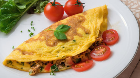 This image features a mouth-watering fried omelette stuffed with sausage, tomatoes, greens, and cheese. This dish is perfect for a delicious and easy breakfast.の素材