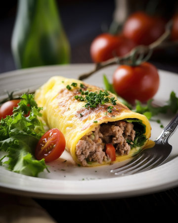 This image features a mouth-watering fried omelette stuffed with sausage, tomatoes, greens, and cheese. This dish is perfect for a delicious and easy breakfast.の素材
