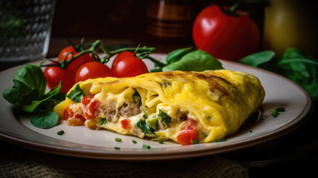 This image features a mouth-watering fried omelette stuffed with sausage, tomatoes, greens, and cheese. This dish is perfect for a delicious and easy breakfast.の素材