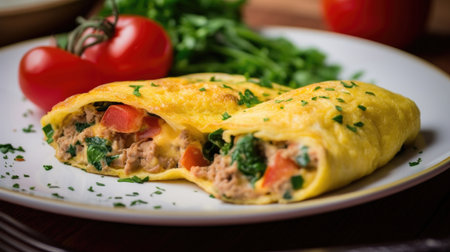 This image features a mouth-watering fried omelette stuffed with sausage, tomatoes, greens, and cheese. This dish is perfect for a delicious and easy breakfast.の素材